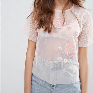 Miss Selfridge Embroidered Mesh Light Pink Top NWT
